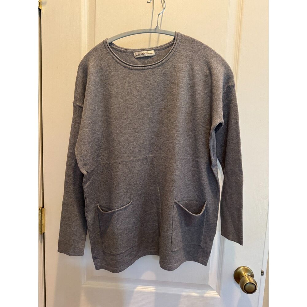 Zenana Heather Grey Long Sleeve Pocket Tunic Sweater - Size S/M
